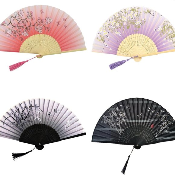 4 PCS Handheld Bamboo Fans, Chinese Silk Folding Fans with Bamboo Frames - Picture 4 of 7